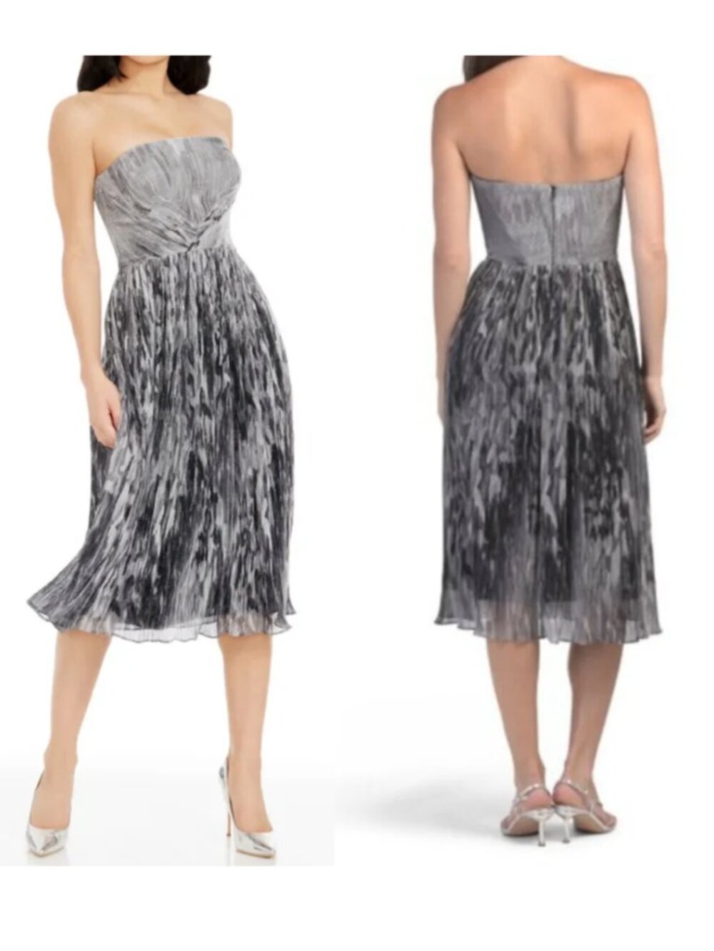 NWT Dress the Population Nadine Strapless Pleat Midi Dress Silve and Black XL